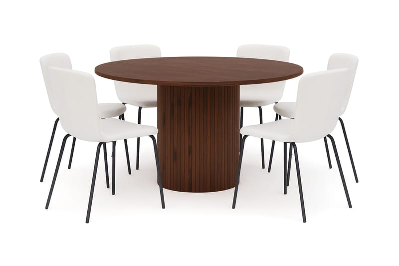 Kopparbo Runt Matbord 150 cm med 4 Katy Matstolar, Valnöt / Vit Bouclé / Metallben Svart