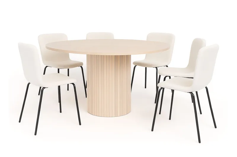 Kopparbo Runt Matbord 150 cm med 4 Katy Matstolar, Vit / Vit Bouclé / Metallben Svart