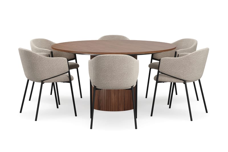 Kopparbo Runt Matbord 150 cm med 6 Filip Matstolar - Valnöt / Taupe Bouclé - Möbler - Matplats - Matgrupp & matbord med stolar