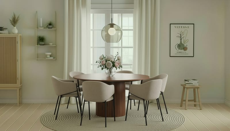 Kopparbo Runt Matbord 150 cm med 6 Filip Matstolar - Valnöt / Taupe Bouclé - Möbler - Matplats - Matgrupp & matbord med stolar