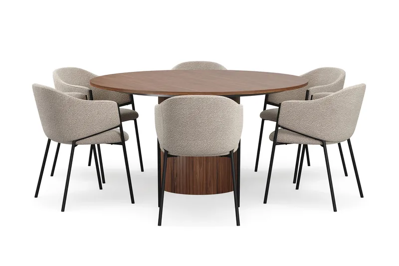 Kopparbo Runt Matbord 150 cm med 6 Filip Matstolar - Valnöt / Taupe Bouclé - Möbler - Matplats - Matgrupp & matbord med stolar