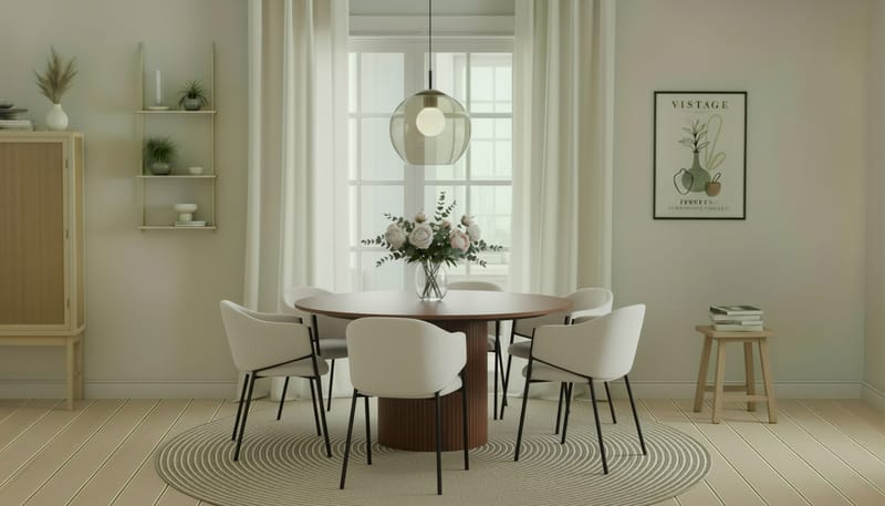 Kopparbo Runt Matbord 150 cm med 6 Filip Matstolar - Valnöt / Vit Bouclé - Möbler - Matplats - Matgrupp & matbord med stolar