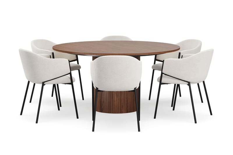 Kopparbo Runt Matbord 150 cm med 6 Filip Matstolar - Valnöt / Vit Bouclé - Möbler - Matplats - Matgrupp & matbord med stolar