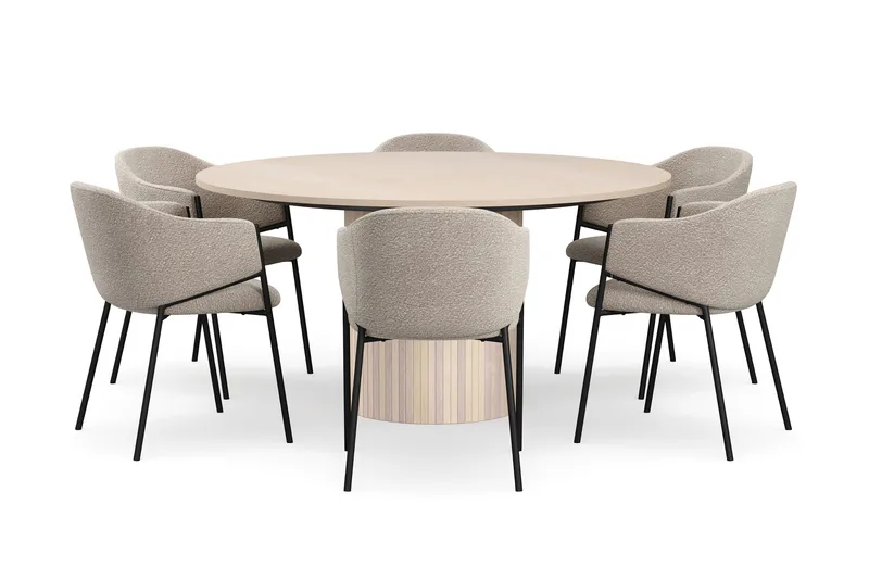 Kopparbo Runt Matbord 150 cm med 6 Filip Matstolar - Vit / Taupe Bouclé - Möbler - Matplats - Matgrupp & matbord med stolar