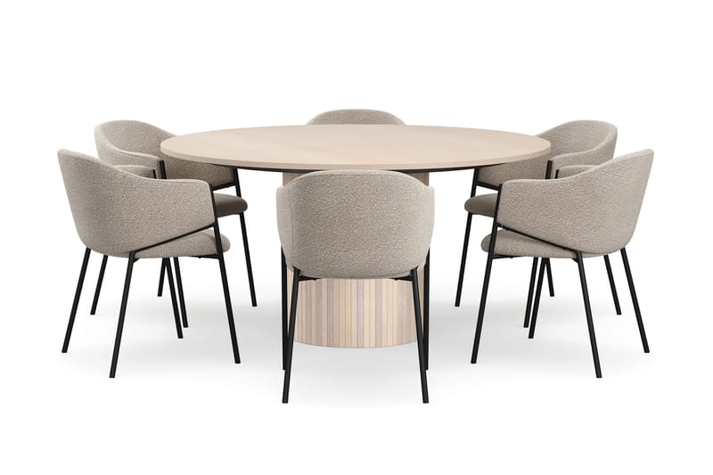 Kopparbo Runt Matbord 150 cm med 6 Filip Matstolar - Vit / Taupe Bouclé - Möbler - Matplats - Matgrupp & matbord med stolar