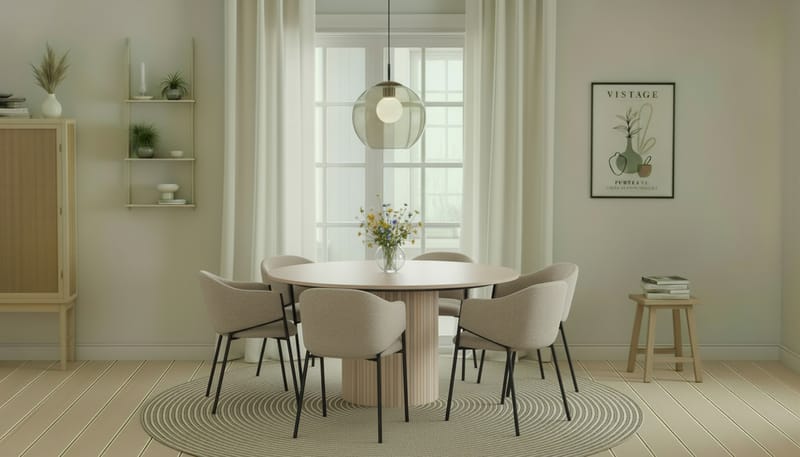 Kopparbo Runt Matbord 150 cm med 6 Filip Matstolar - Vit / Taupe Bouclé - Möbler - Matplats - Matgrupp & matbord med stolar