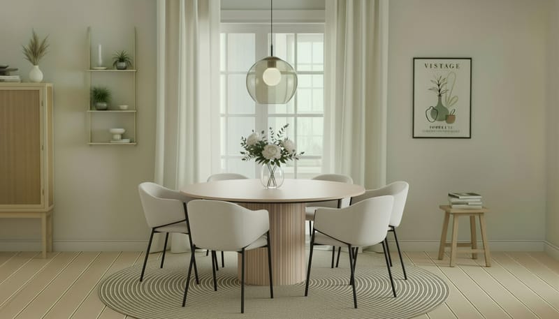 Kopparbo Runt Matbord 150 cm med 6 Filip Matstolar - Vit / Vit Bouclé - Möbler - Matplats - Matgrupp & matbord med stolar