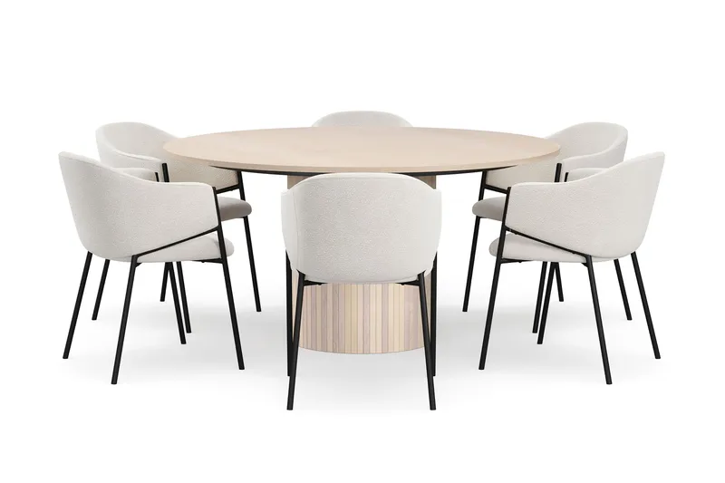 Kopparbo Runt Matbord 150 cm med 6 Filip Matstolar - Vit / Vit Bouclé - Möbler - Matplats - Matgrupp & matbord med stolar