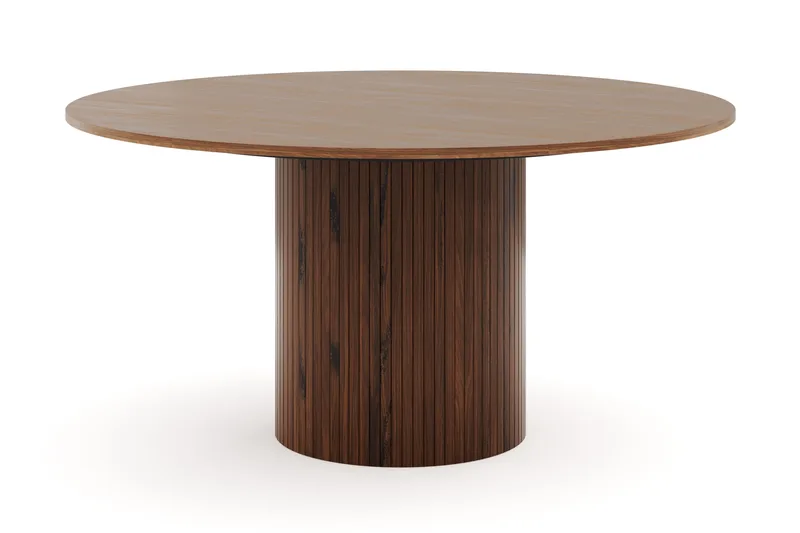 Kopparbo Runt Matbord 150 cm med 6 Katy Matstolar - Valnöt / Vit Bouclé / Metallben Svart - Möbler - Matplats - Matgrupp & matbord med stolar