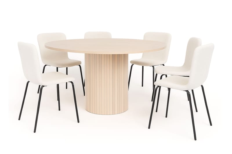 Kopparbo Runt Matbord 150 cm med 6 Katy Matstolar, Vit / Vit Bouclé / Metallben Svart