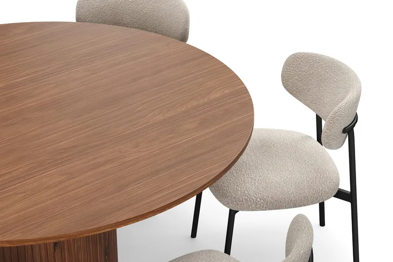 Kopparbo Runt Matbord 150 cm med 6 Lucy Matstolar - Valnöt / Greige Bouclé / Metallben Svart - Möbler - Matplats - Matgrupp & matbord med stolar