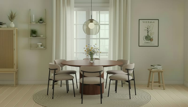 Kopparbo Runt Matbord 150 cm med 6 Lucy Matstolar - Valnöt / Greige Bouclé / Metallben Svart - Möbler - Matplats - Matgrupp & matbord med stolar