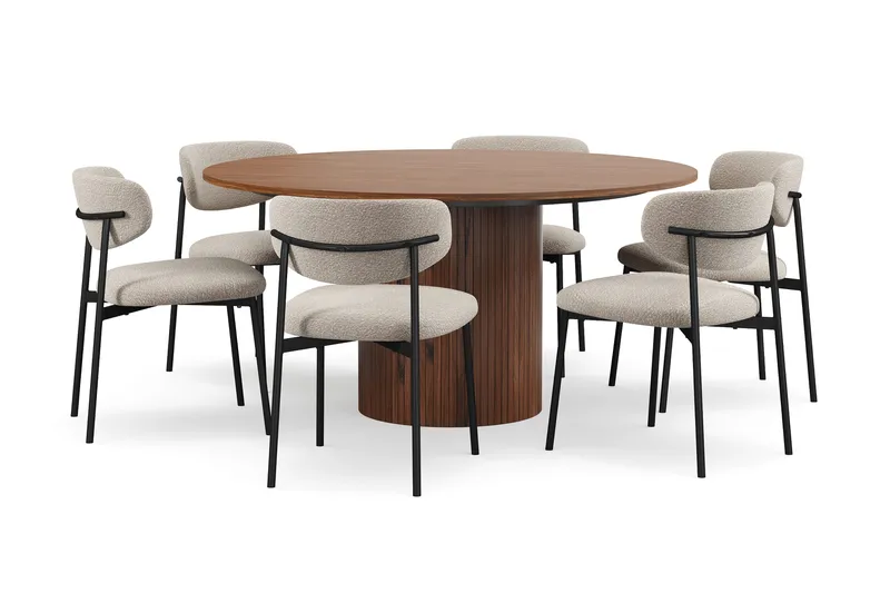 Kopparbo Runt Matbord 150 cm med 6 Lucy Matstolar - Valnöt / Greige Bouclé / Metallben Svart - Möbler - Matplats - Matgrupp & matbord med stolar