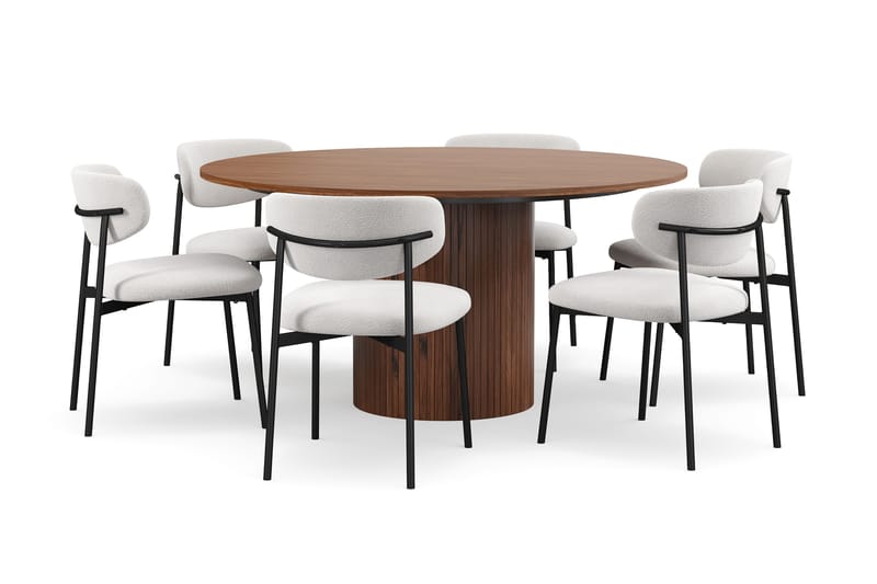 Kopparbo Runt Matbord 150 cm med 6 Lucy Matstolar - Valnöt / Vit Bouclé / Metallben Svart - Möbler - Matplats - Matgrupp & matbord med stolar