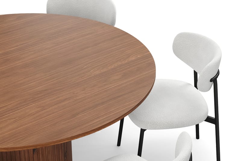 Kopparbo Runt Matbord 150 cm med 6 Lucy Matstolar - Valnöt / Vit Bouclé / Metallben Svart - Möbler - Matplats - Matgrupp & matbord med stolar