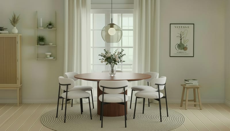 Kopparbo Runt Matbord 150 cm med 6 Lucy Matstolar - Valnöt / Vit Bouclé / Metallben Svart - Möbler - Matplats - Matgrupp & matbord med stolar