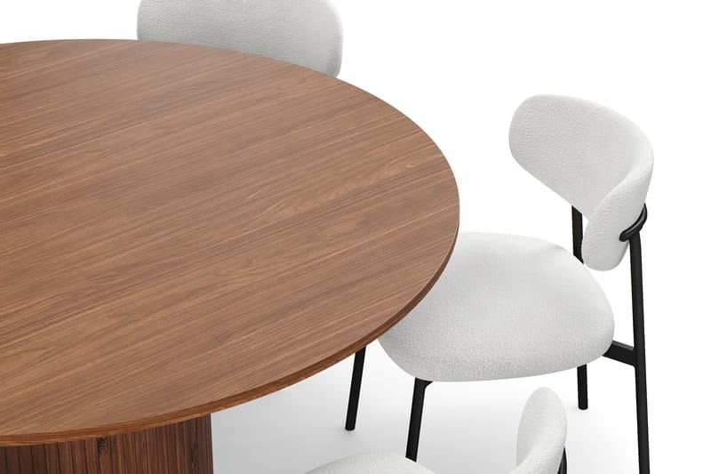 Kopparbo Runt Matbord 150 cm med 6 Lucy Matstolar - Valnöt / Vit Bouclé / Metallben Svart - Möbler - Matplats - Matgrupp & matbord med stolar