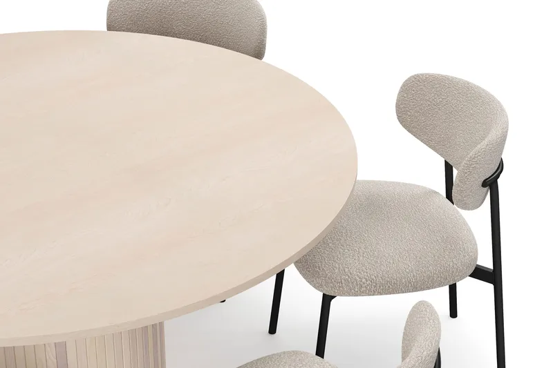 Kopparbo Runt Matbord 150 cm med 6 Lucy Matstolar - Vit / Greige Bouclé / Metallben Svart - Möbler - Matplats - Matgrupp & matbord med stolar