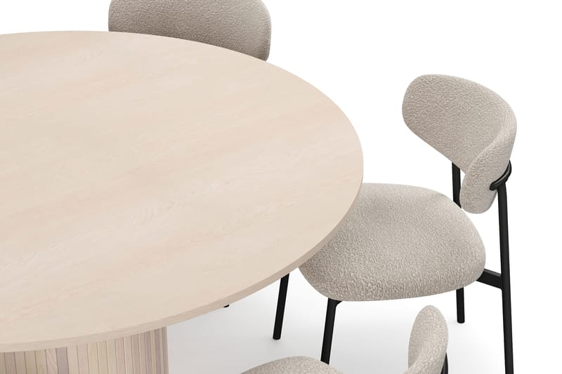 Kopparbo Runt Matbord 150 cm med 6 Lucy Matstolar - Vit / Greige Bouclé / Metallben Svart - Möbler - Matplats - Matgrupp & matbord med stolar