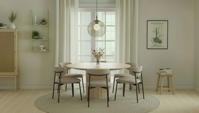 Kopparbo Runt Matbord 150 cm med 6 Lucy Matstolar - Vit / Greige Bouclé / Metallben Svart - Möbler - Matplats - Matgrupp & matbord med stolar