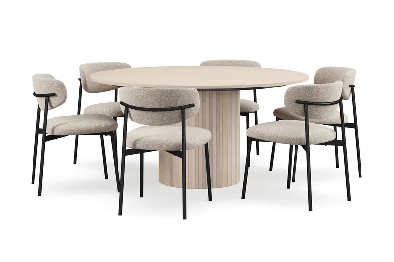 Kopparbo Runt Matbord 150 cm med 6 Lucy Matstolar - Vit / Greige Bouclé / Metallben Svart - Möbler - Matplats - Matgrupp & matbord med stolar