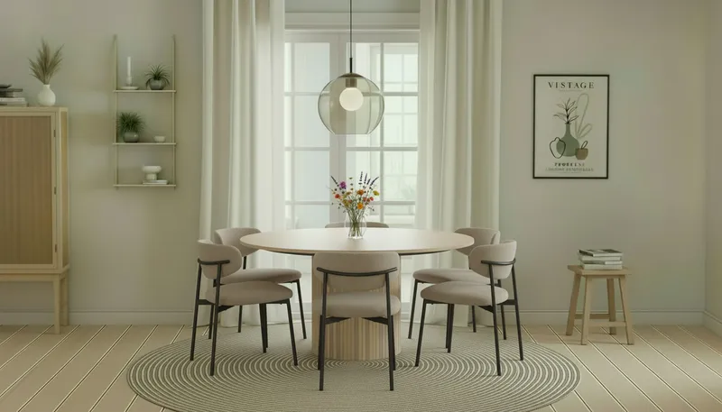 Kopparbo Runt Matbord 150 cm med 6 Lucy Matstolar - Vit / Greige Bouclé / Metallben Svart - Möbler - Matplats - Matgrupp & matbord med stolar