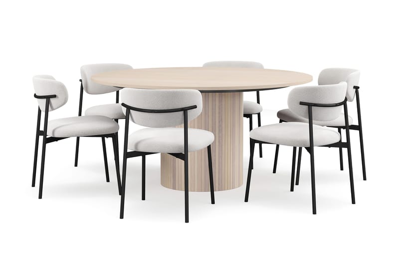 Kopparbo Runt Matbord 150 cm med 6 Lucy Matstolar - Vit / Vit Bouclé / Metallben Svart - Möbler - Matplats - Matgrupp & matbord med stolar