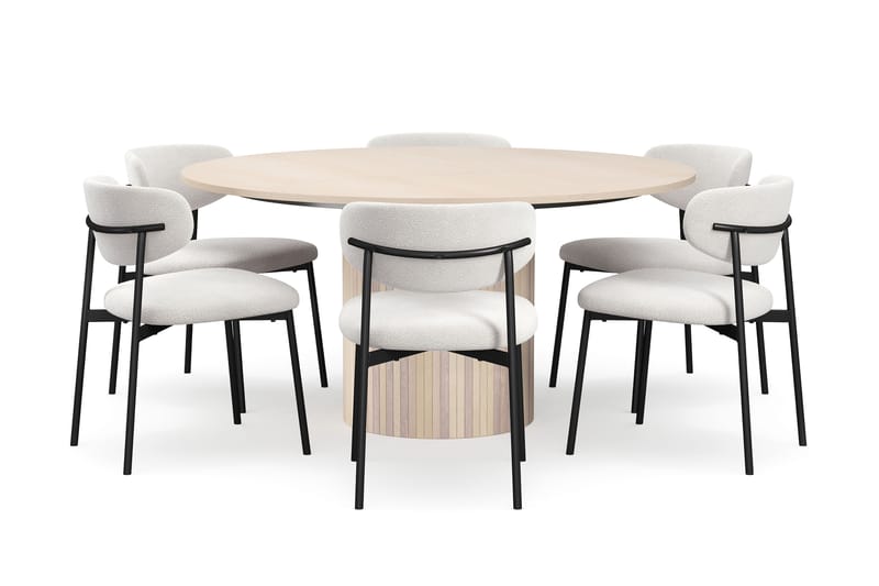 Kopparbo Runt Matbord 150 cm med 6 Lucy Matstolar, Vit / Vit Bouclé / Metallben Svart
