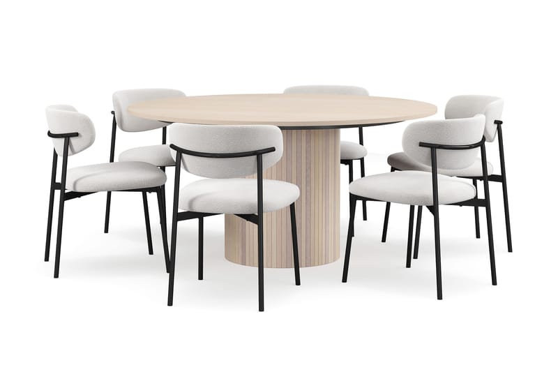 Kopparbo Runt Matbord 150 cm med 6 Lucy Matstolar - Vit / Vit Bouclé / Metallben Svart - Möbler - Matplats - Matgrupp & matbord med stolar