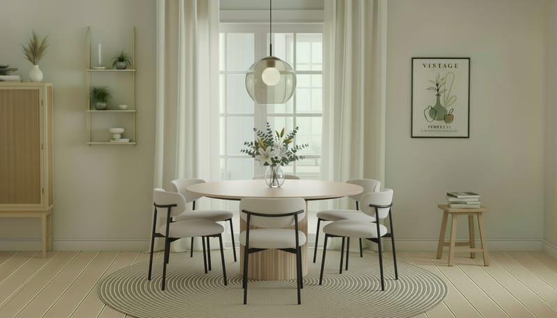 Kopparbo Runt Matbord 150 cm med 6 Lucy Matstolar - Vit / Vit Bouclé / Metallben Svart - Möbler - Matplats - Matgrupp & matbord med stolar