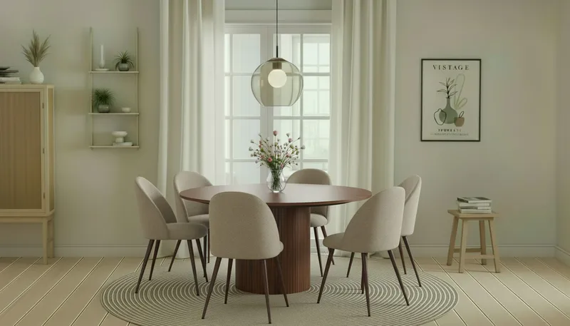 Kopparbo Runt Matbord 150 cm med 6 Nibe Plus Matstolar - Valnöt / Greige Bouclé / Metallben Valnöt - Möbler - Matplats - Matgrupp & matbord med stolar