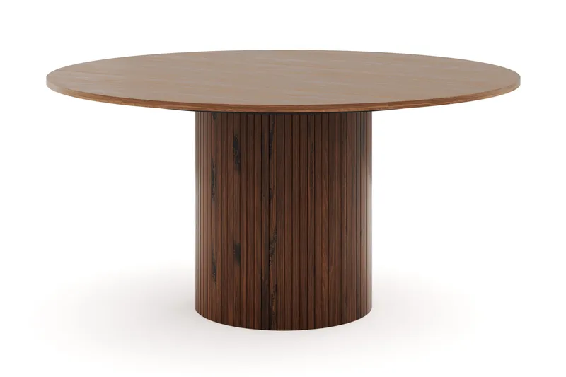 Kopparbo Runt Matbord 150 cm med 6 Nibe Plus Matstolar - Valnöt / Greige Bouclé / Metallben Valnöt - Möbler - Matplats - Matgrupp & matbord med stolar