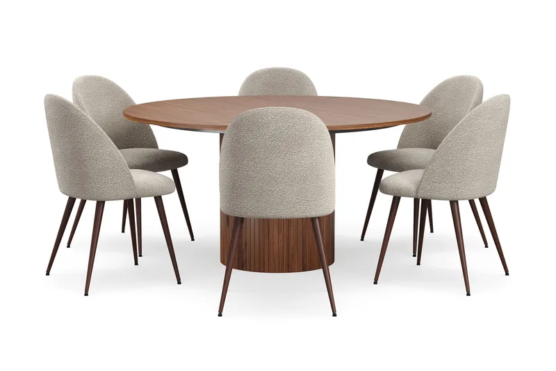 Kopparbo Runt Matbord 150 cm med 6 Nibe Plus Matstolar - Valnöt / Greige Bouclé / Metallben Valnöt - Möbler - Matplats - Matgrupp & matbord med stolar