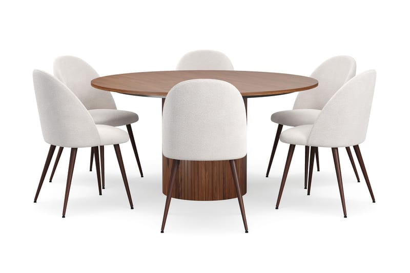 Kopparbo Runt Matbord 150 cm med 6 Nibe Plus Matstolar - Valnöt / Vit Bouclé / Metallben Valnöt - Möbler - Matplats - Matgrupp & matbord med stolar