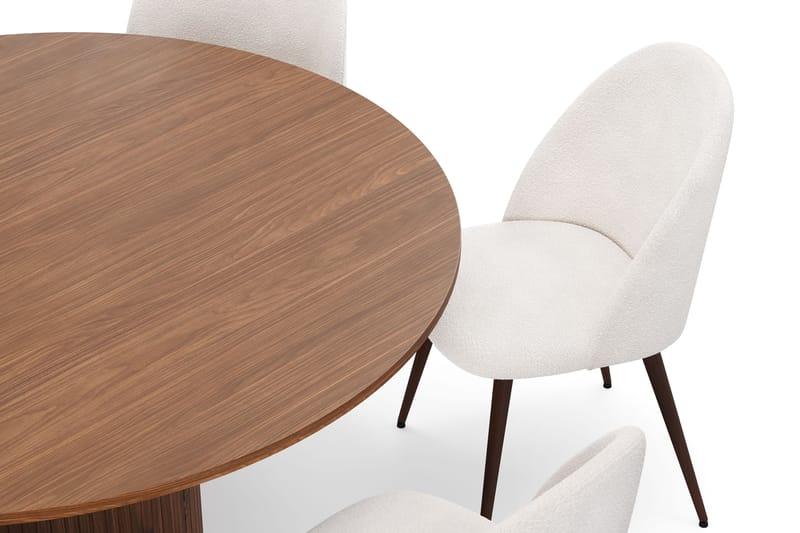 Kopparbo Runt Matbord 150 cm med 6 Nibe Plus Matstolar - Valnöt / Vit Bouclé / Metallben Valnöt - Möbler - Matplats - Matgrupp & matbord med stolar