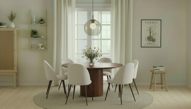 Kopparbo Runt Matbord 150 cm med 6 Nibe Plus Matstolar - Valnöt / Vit Bouclé / Metallben Valnöt - Möbler - Matplats - Matgrupp & matbord med stolar