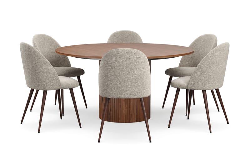 Kopparbo Runt Matbord 150 cm med 6 Nibe Plus Matstolar - Valnöt / Greige Bouclé / Metallben Valnöt - Möbler - Matplats - Matgrupp & matbord med stolar