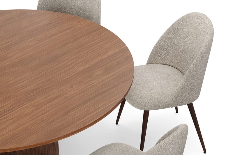 Kopparbo Runt Matbord 150 cm med 6 Nibe Plus Matstolar - Valnöt / Greige Bouclé / Metallben Valnöt - Möbler - Matplats - Matgrupp & matbord med stolar
