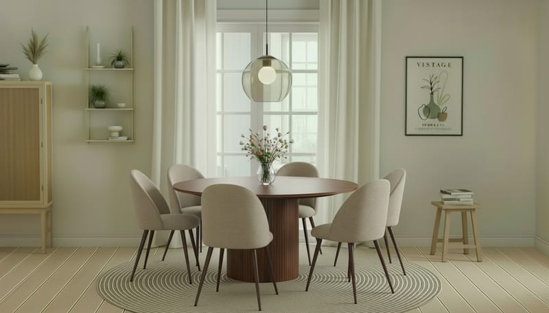 Kopparbo Runt Matbord 150 cm med 6 Nibe Plus Matstolar - Valnöt / Greige Bouclé / Metallben Valnöt - Möbler - Matplats - Matgrupp & matbord med stolar