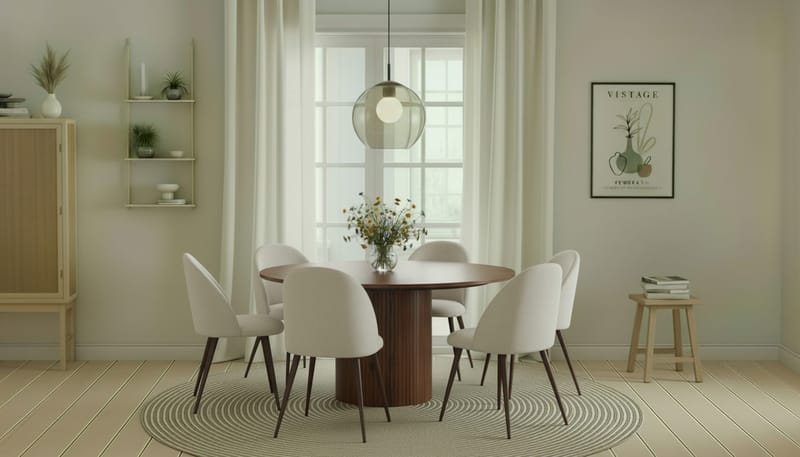 Kopparbo Runt Matbord 150 cm med 6 Nibe Plus Matstolar - Valnöt / Vit Bouclé / Metallben Valnöt - Möbler - Matplats - Matgrupp & matbord med stolar