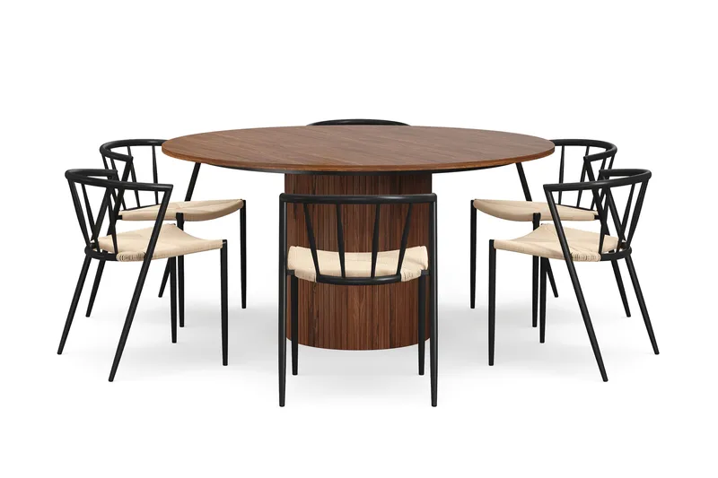 Kopparbo Runt Matbord 150 cm med 6 Winston Matstolar - Valnöt / Beige / Metallben Svart - Möbler - Matplats - Matgrupp & matbord med stolar