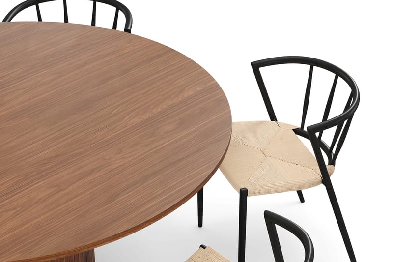 Kopparbo Runt Matbord 150 cm med 6 Winston Matstolar - Valnöt / Beige / Metallben Svart - Möbler - Matplats - Matgrupp & matbord med stolar