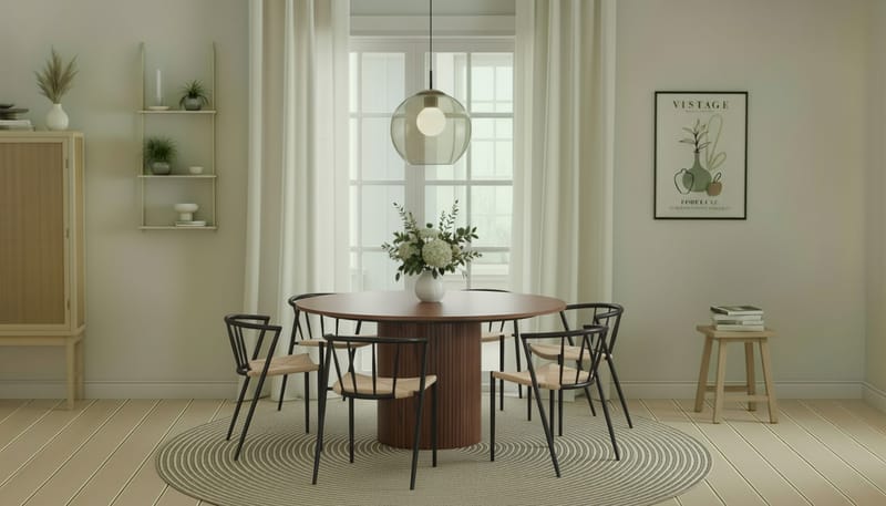 Kopparbo Runt Matbord 150 cm med 6 Winston Matstolar - Valnöt / Beige / Metallben Svart - Möbler - Matplats - Matgrupp & matbord med stolar