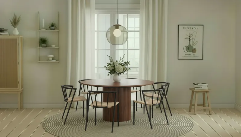 Kopparbo Runt Matbord 150 cm med 6 Winston Matstolar - Valnöt / Beige / Metallben Svart - Möbler - Matplats - Matgrupp & matbord med stolar