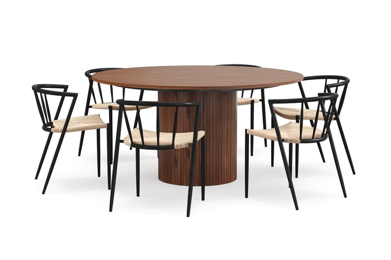 Kopparbo Runt Matbord 150 cm med 6 Winston Matstolar - Valnöt / Beige / Metallben Svart - Möbler - Matplats - Matgrupp & matbord med stolar