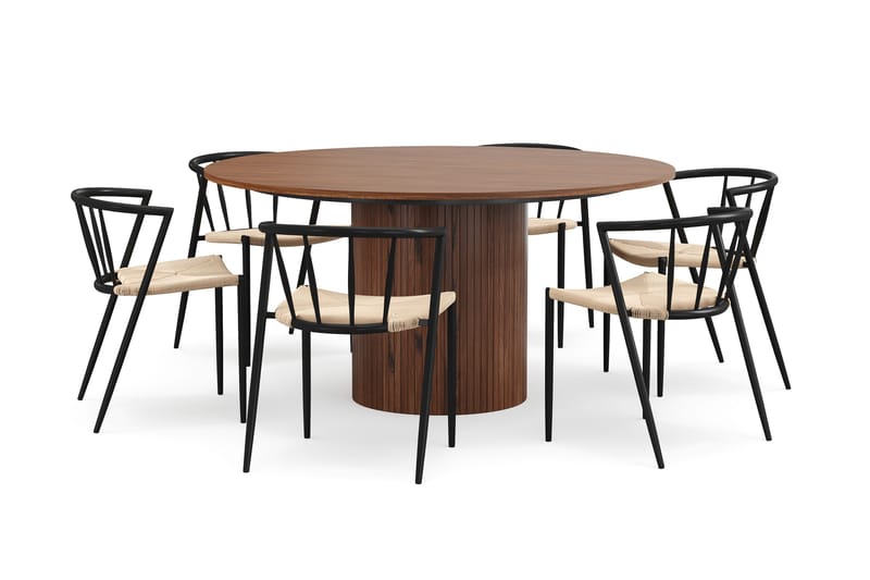 Kopparbo Runt Matbord 150 cm med 6 Winston Matstolar, Valnöt / Beige / Metallben Svart