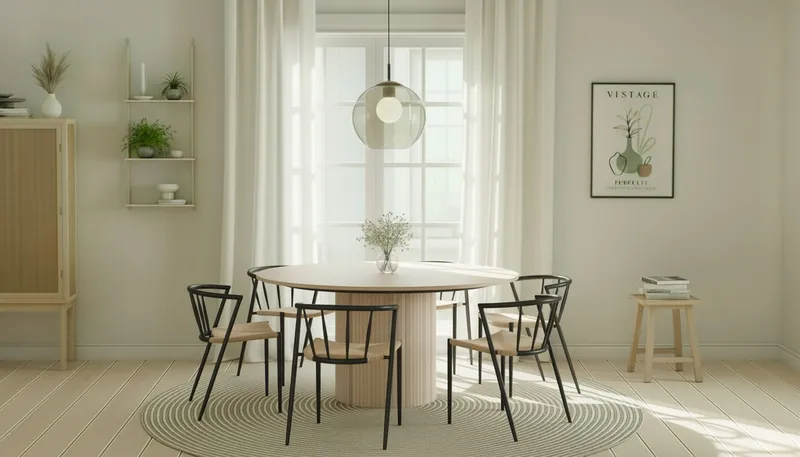 Kopparbo Runt Matbord 150 cm med 6 Winston Matstolar - Vit / Beige / Metallben Svart - Möbler - Matplats - Matgrupp & matbord med stolar