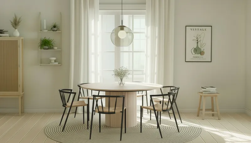 Kopparbo Runt Matbord 150 cm med 6 Winston Matstolar - Vit / Beige / Metallben Svart - Möbler - Matplats - Matgrupp & matbord med stolar