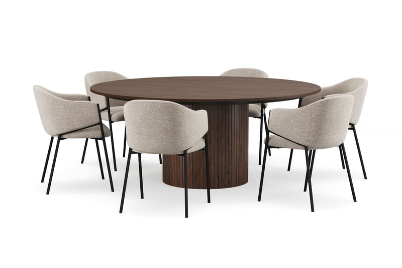 Kopparbo Runt Matbord 180 cm med 6 Filip Matstolar, Valnöt / Taupe Bouclé