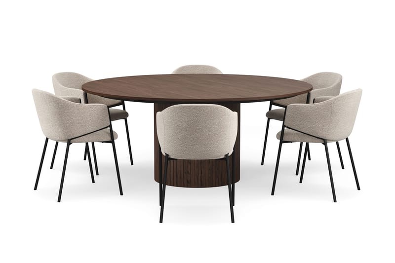 Kopparbo Runt Matbord 180 cm med 6 Filip Matstolar - Valnöt / Taupe Bouclé - Möbler - Matplats - Matgrupp & matbord med stolar